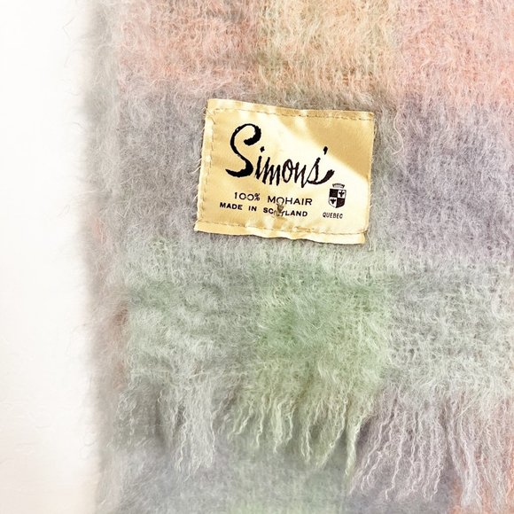 Simons 100% Mohair Vintage Pastel Plaid Fringe Blanket Scarf Shawl Checkered - Picture 3 of 7
